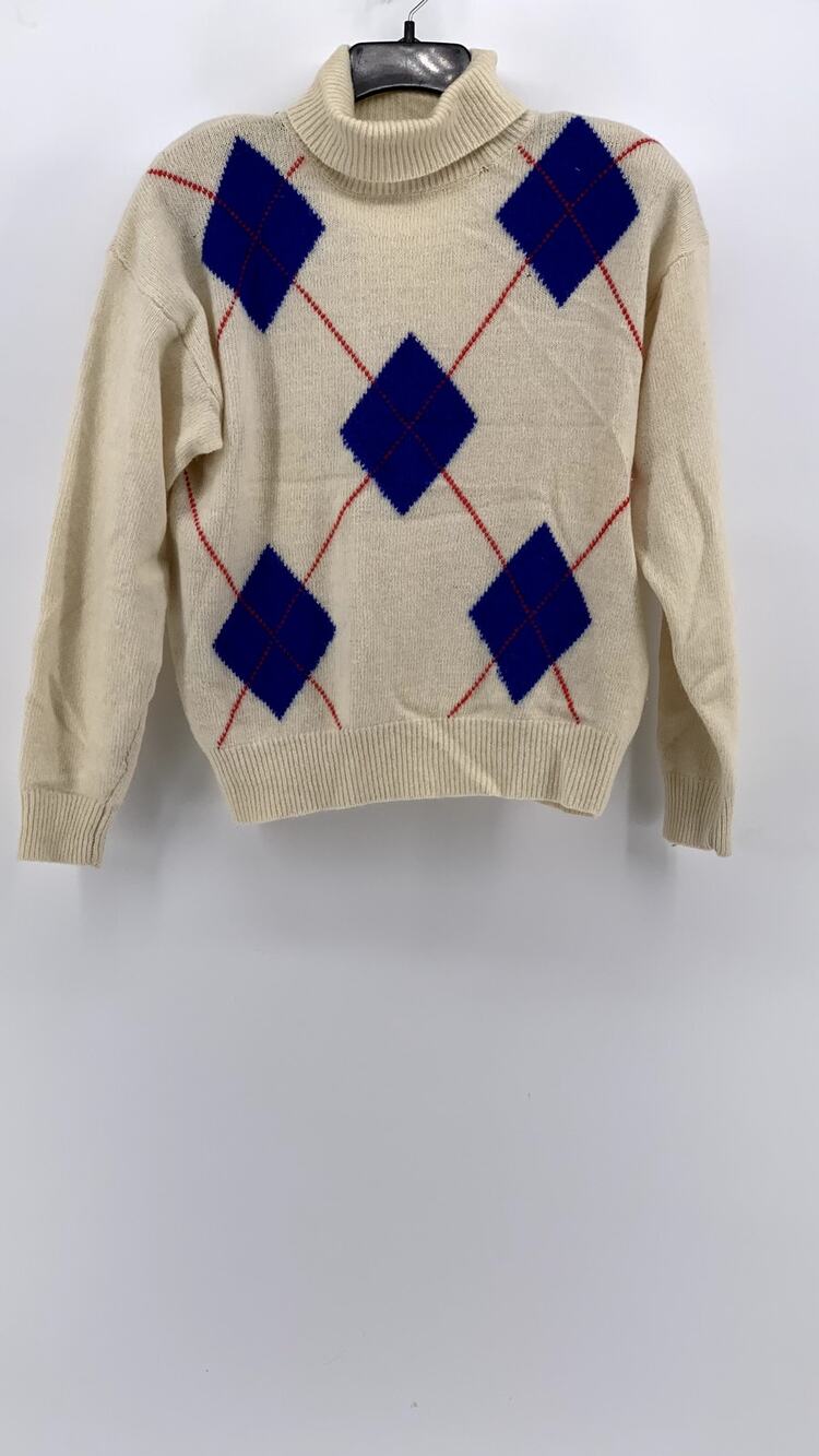 RAFAELLA Women's Vintage Off-White Diamond Print Lambswool Padded Sweater SZ M